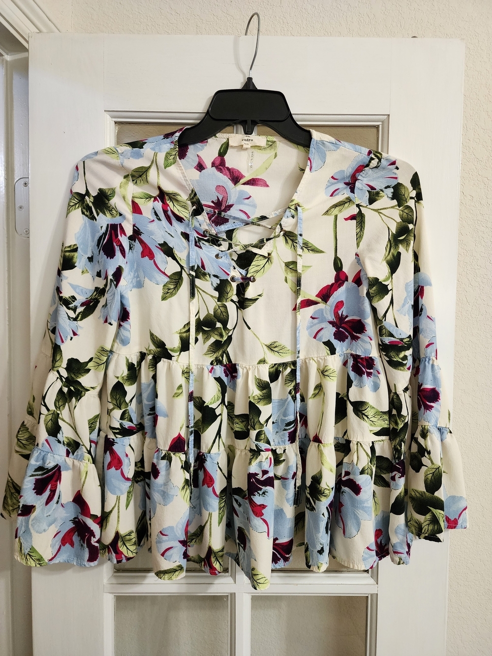 Entro T6353 Floral Lace Up Tiered Peplum Bell Sleeve Blouse Small